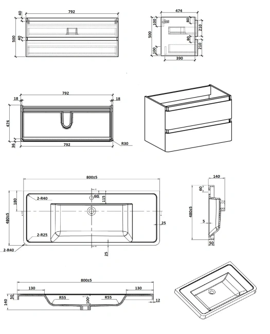 PARLY Тумба Gucci80 подвесная с раковиной 800x480x550