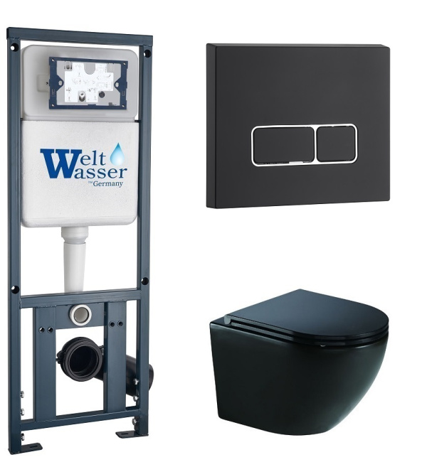 Унитаз с инсталляцией WeltWasser MARBERG 410+MERZBACH 041 XL MT-BL+MAR 410 SE MT-BL черный матовый/кнопка черная матовая-хром