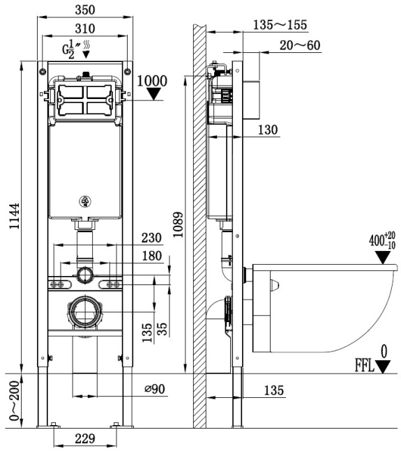 Унитаз с инсталляцией WeltWasser AMBERG 350 + MERZBACH 043 GL-BL + AMBERG RD-WT черный/кнопка белая-хром